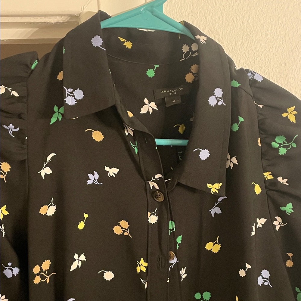 Ann Taylor Black Multicolor Floral woman’s button down dress